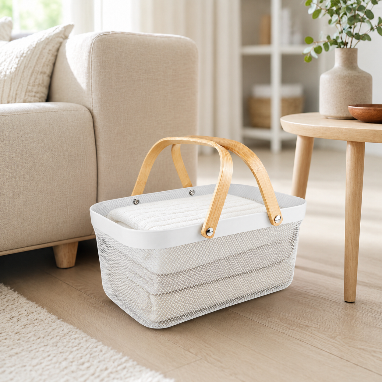 Canasto de Metal con Manijas de Madera – Organizador Decorativo para el Hogar