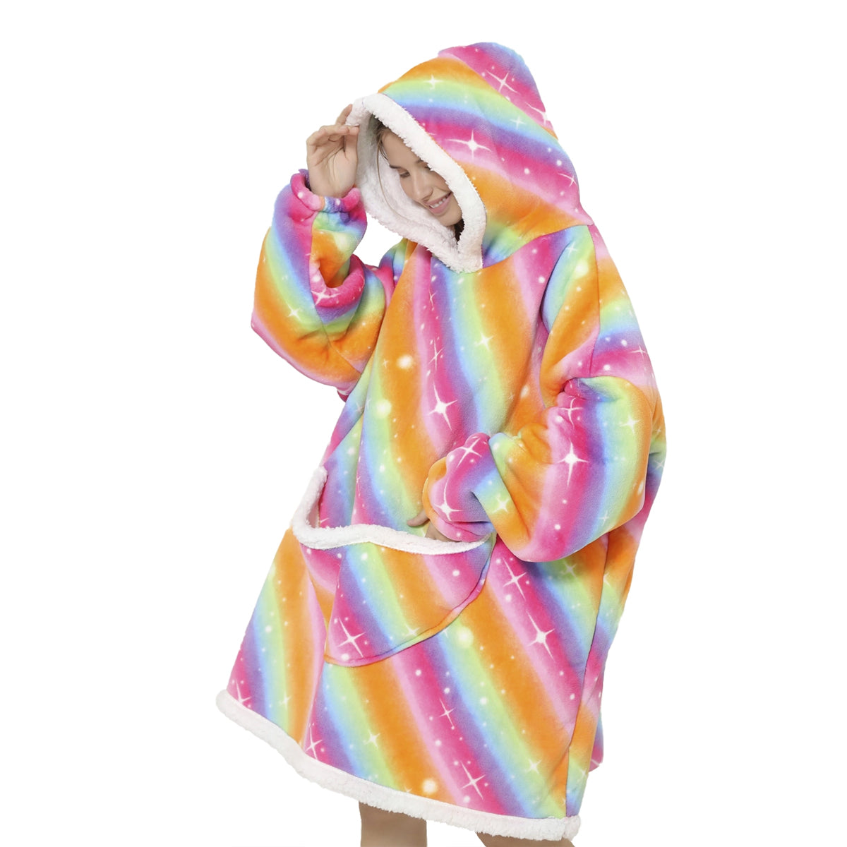 Pijama De Mujer Estrella Arcoíris Naranja Buzo Con Capucha Manta Corderito Oversize