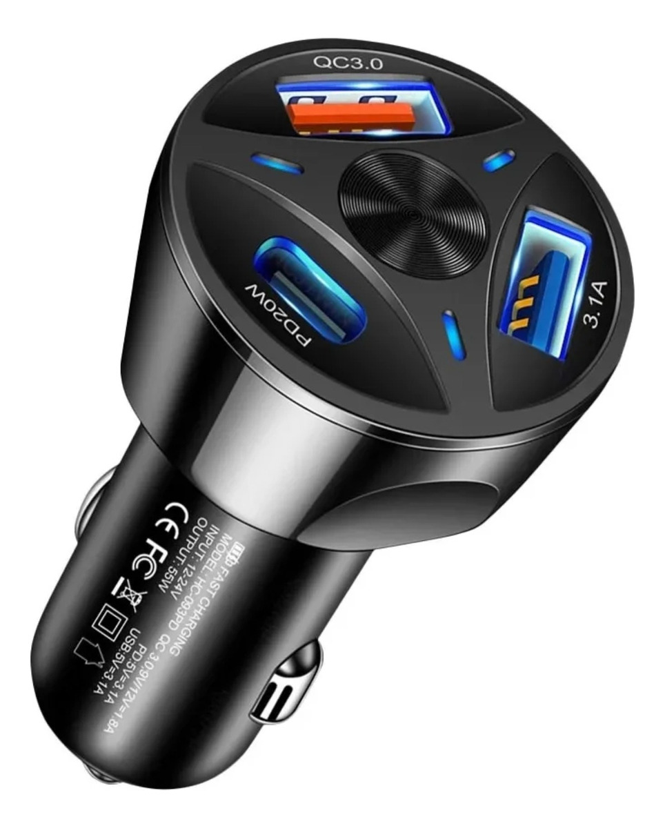 Adaptador Auto 55w Tipo C + Usb Quick Charger 3.0