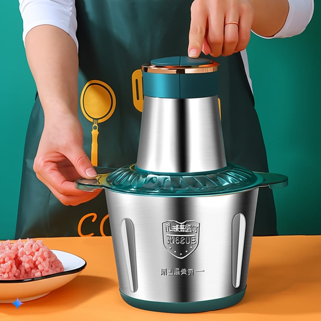Picadora Eléctrica 2L – Procesador de Alimentos 1000W con Bowl de Acero Inoxidable