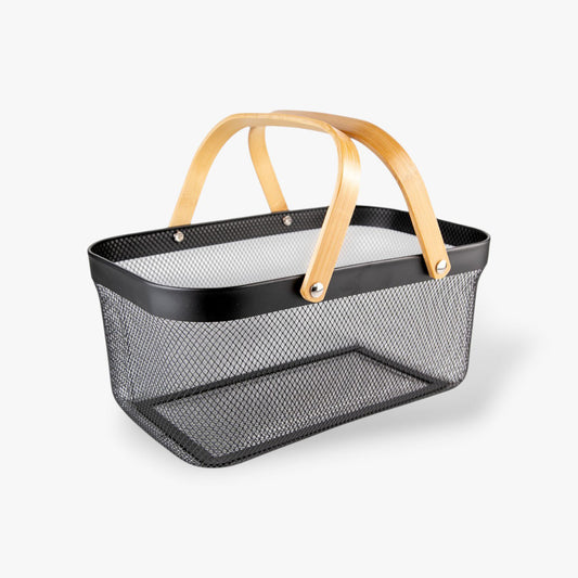 Canasto de Metal con Manijas de Madera – Organizador Decorativo para el Hogar