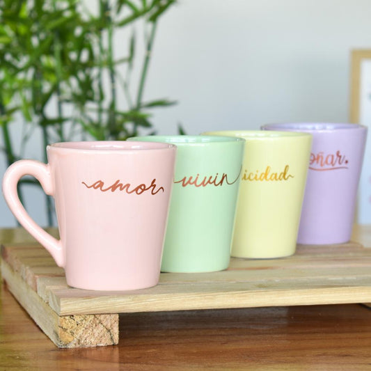 Taza Conica Pastel "Felicidad/Unico/Amor" Ceramica