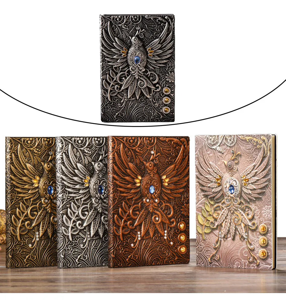 Cuaderno Vintage Relieve Fénix Con Piedras | Tapa Dura Artística
