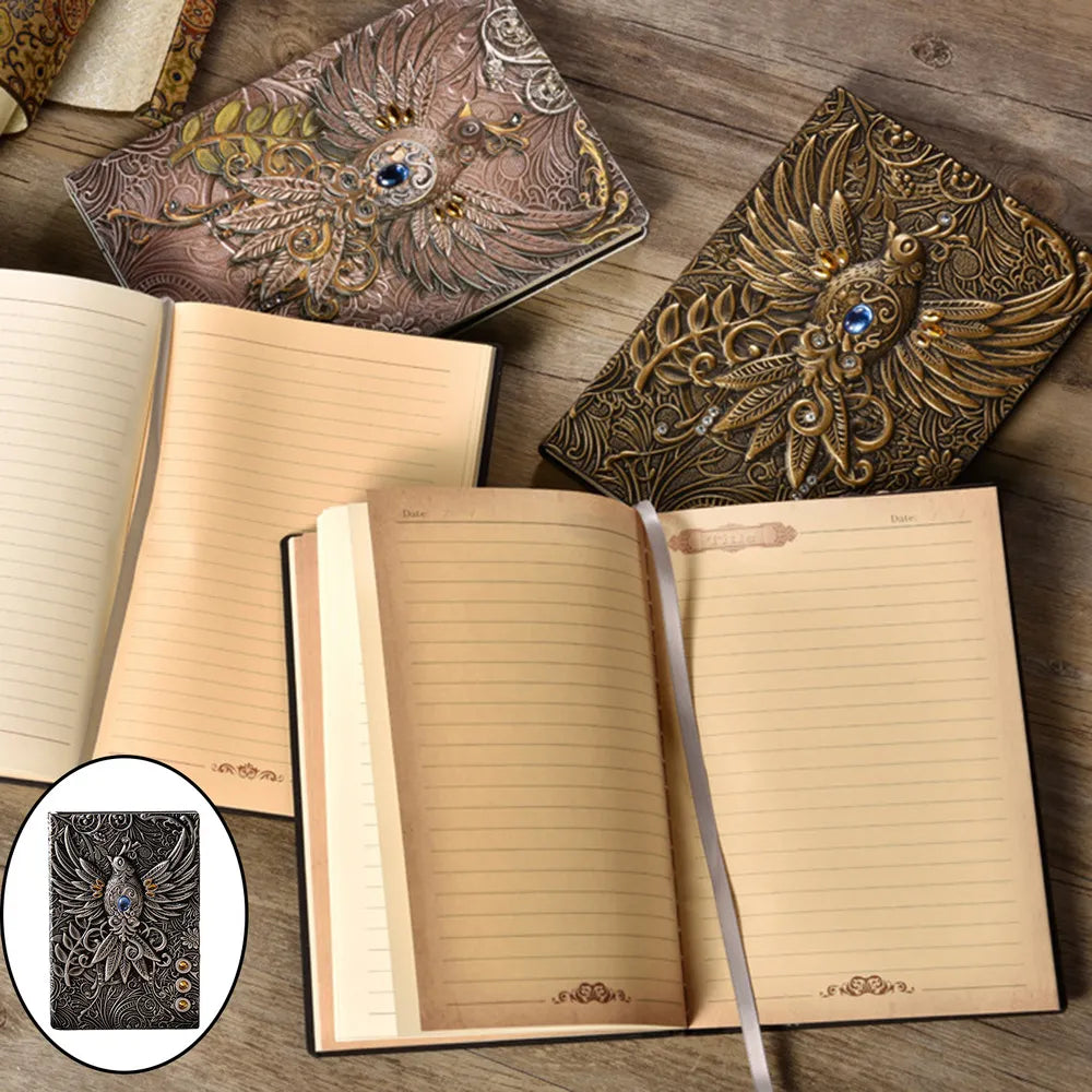 Cuaderno Vintage Relieve Fénix Con Piedras | Tapa Dura Artística