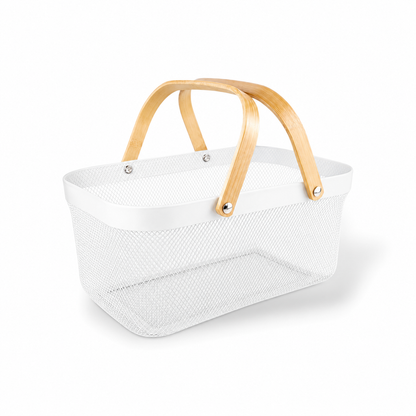 Canasto de Metal con Manijas de Madera – Organizador Decorativo para el Hogar