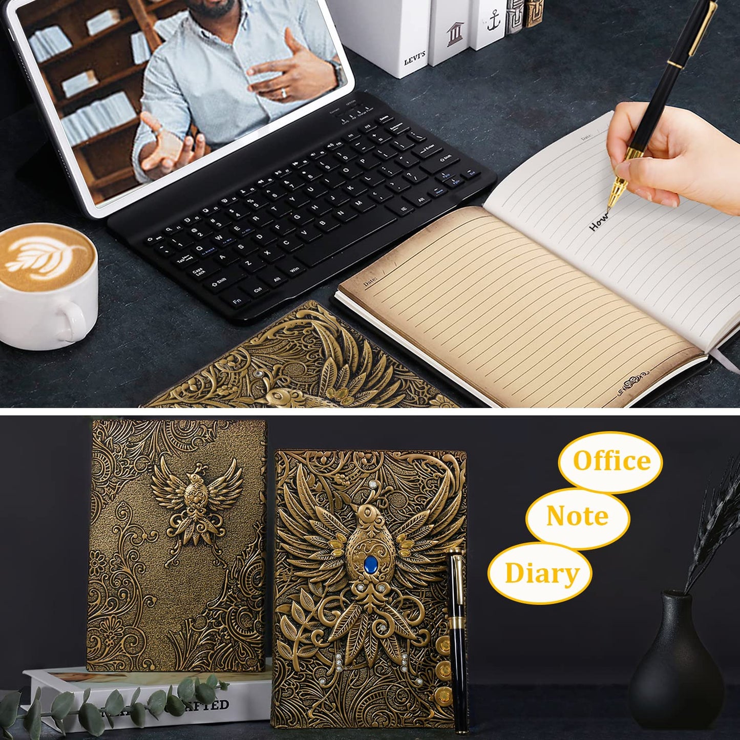 Cuaderno Vintage Relieve Fénix Con Piedras | Tapa Dura Artística