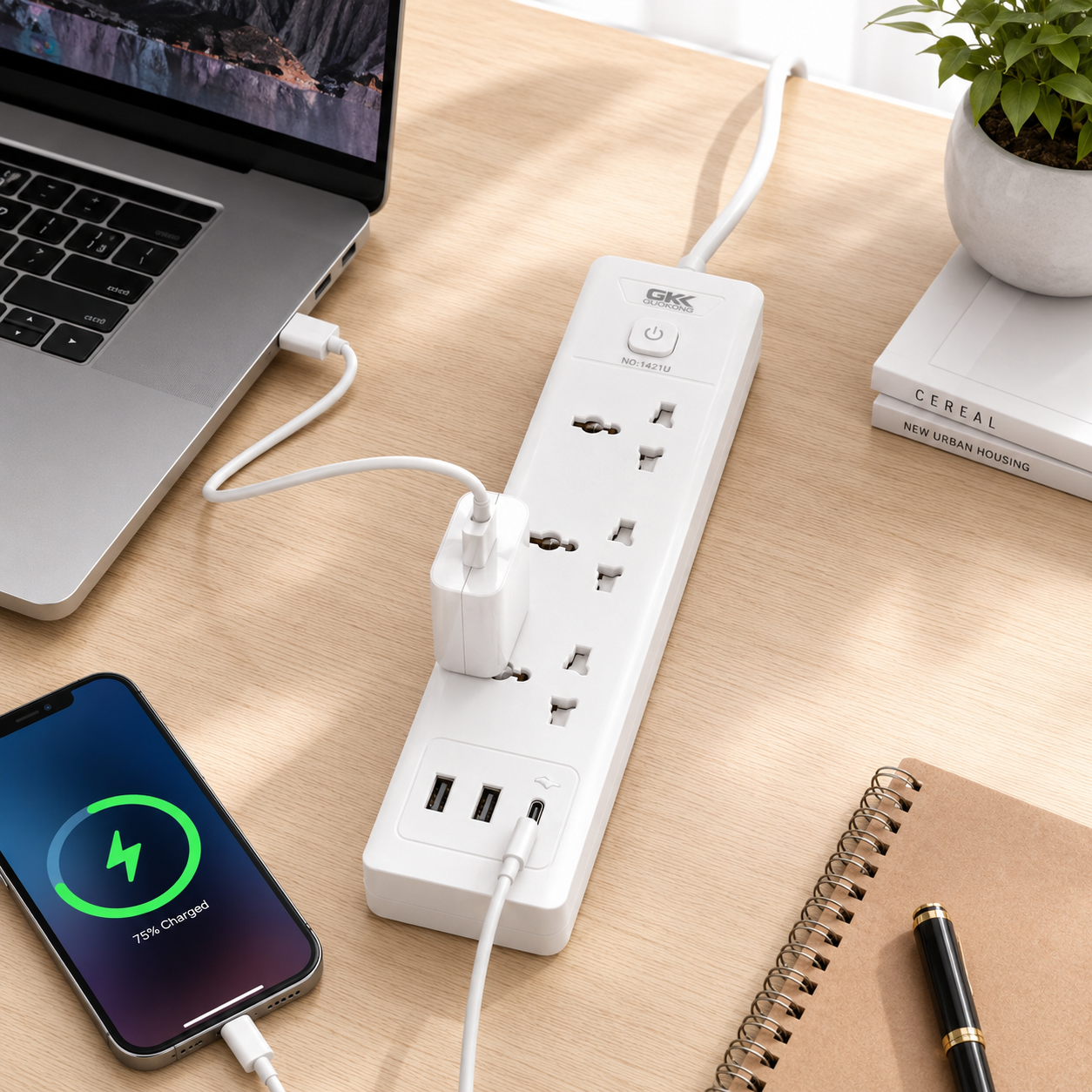 Zapatilla Eléctrica Usb Universal Alargue Prolonga Térmica 2 Usb + TipoC