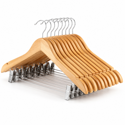 Pack x50 Perchas de Madera Natural con Broche | Weanling 32cm / Niño 36cm / Adulto 44.5cm