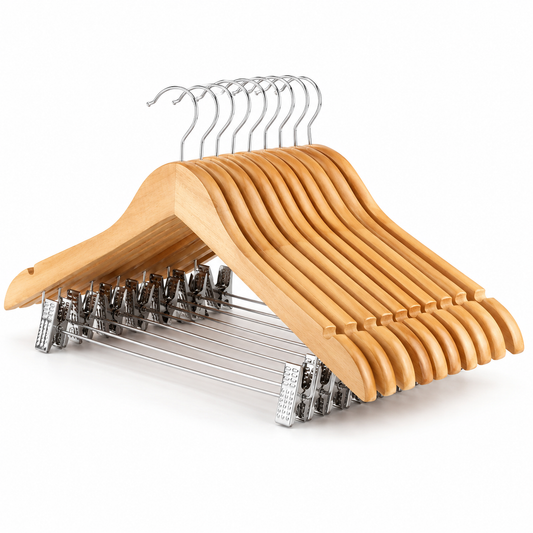 Pack x50 Perchas de Madera Natural con Broche | Weanling 32cm / Niño 36cm / Adulto 44.5cm