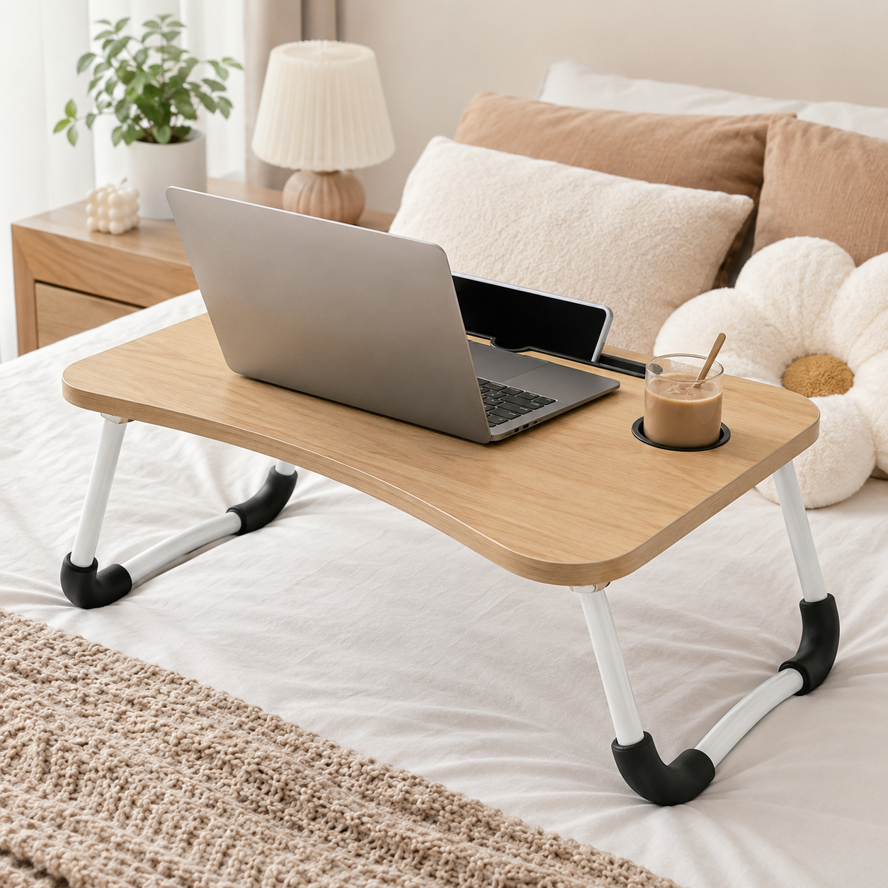 Mesa Plegable para Laptop con Portavasos y Ranura para Tablet