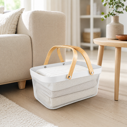 Canasto de Metal con Manijas de Madera – Organizador Decorativo para el Hogar