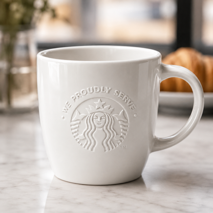 Taza Starbucks cerámica blanca con café en escritorio