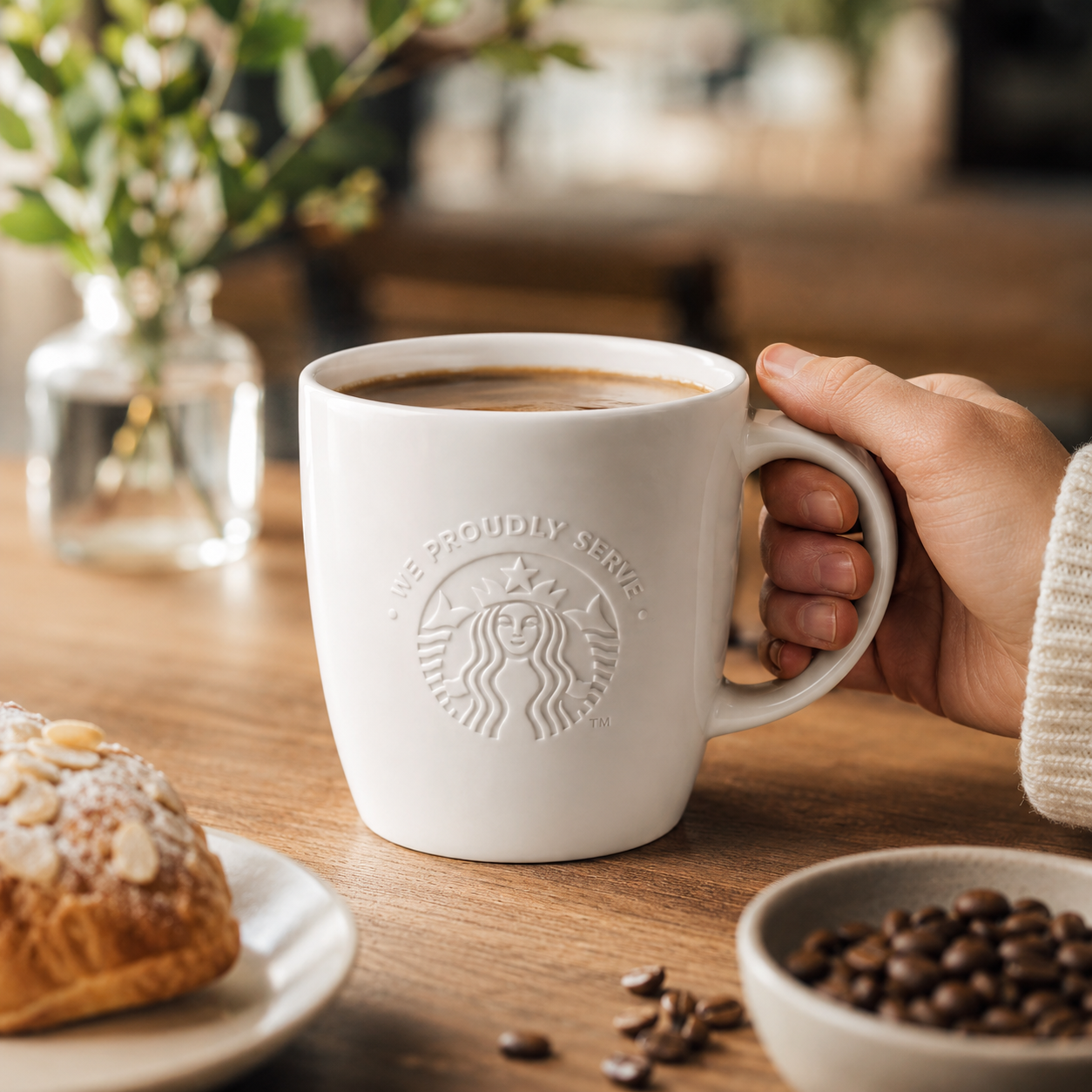 Taza Starbucks cerámica blanca sobre mármol