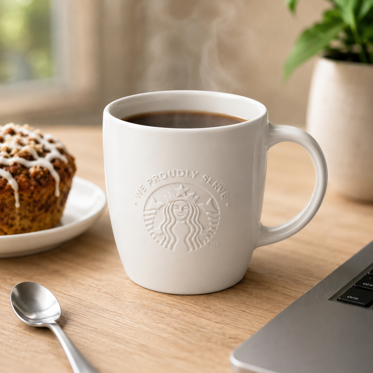 Taza Starbucks cerámica blanca sostenida con mano en cafetería