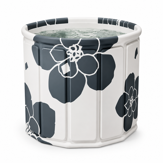 Bañera plegable portátil diseño floral blanco y gris con agua