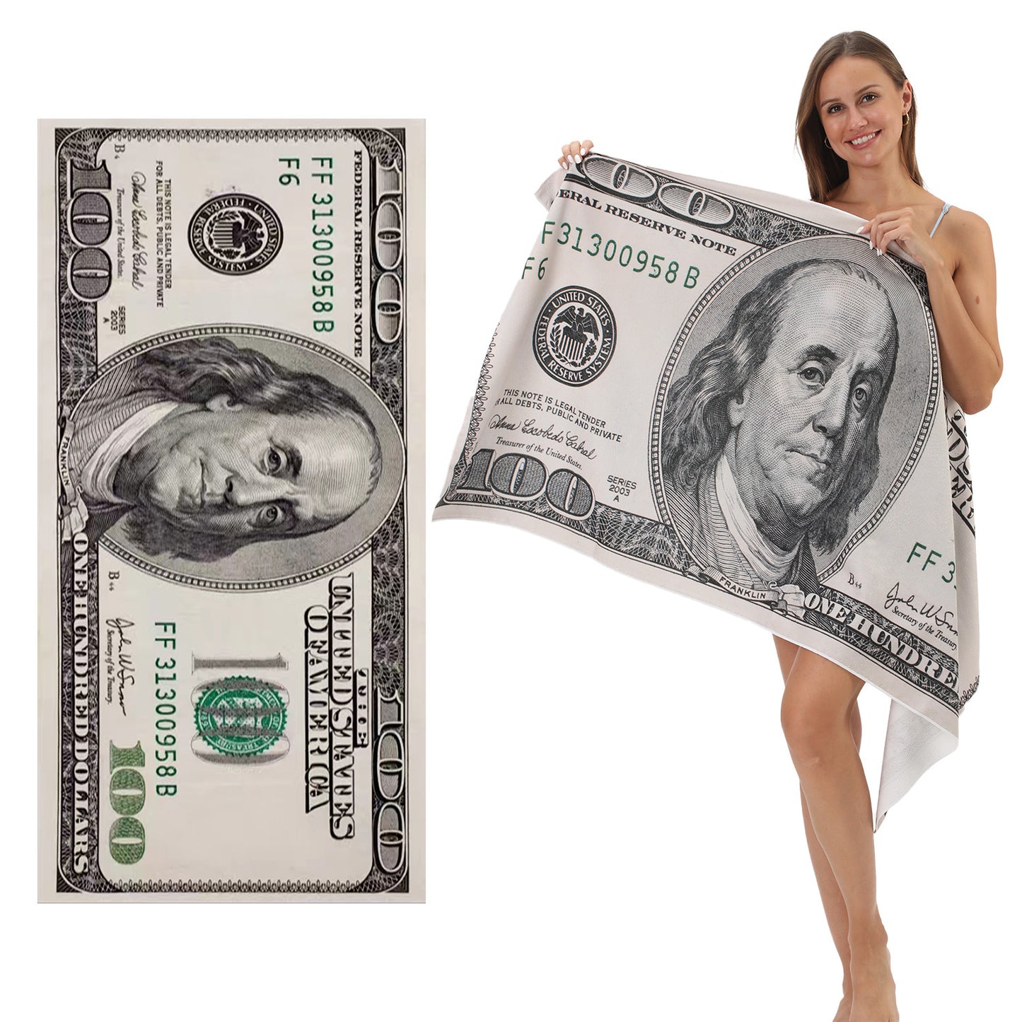 Toalla de Playa Diseso Billete 100 Dólares de Microfibra 70x140 cm | Secado rápido y liviana