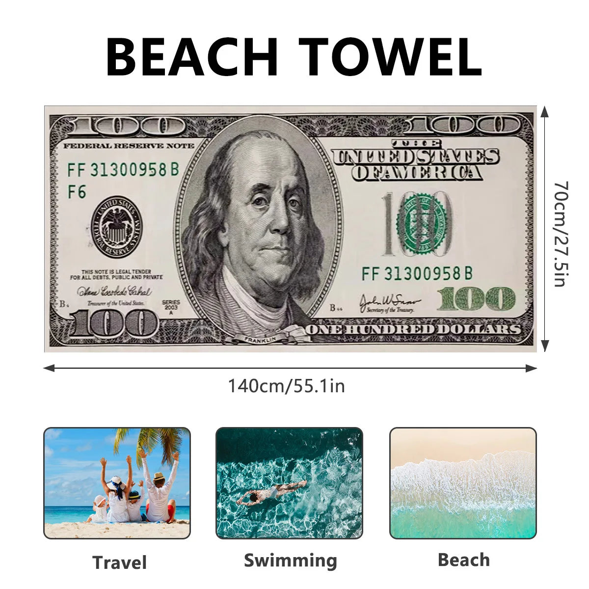 Toalla de Playa Diseso Billete 100 Dólares de Microfibra 70x140 cm | Secado rápido y liviana