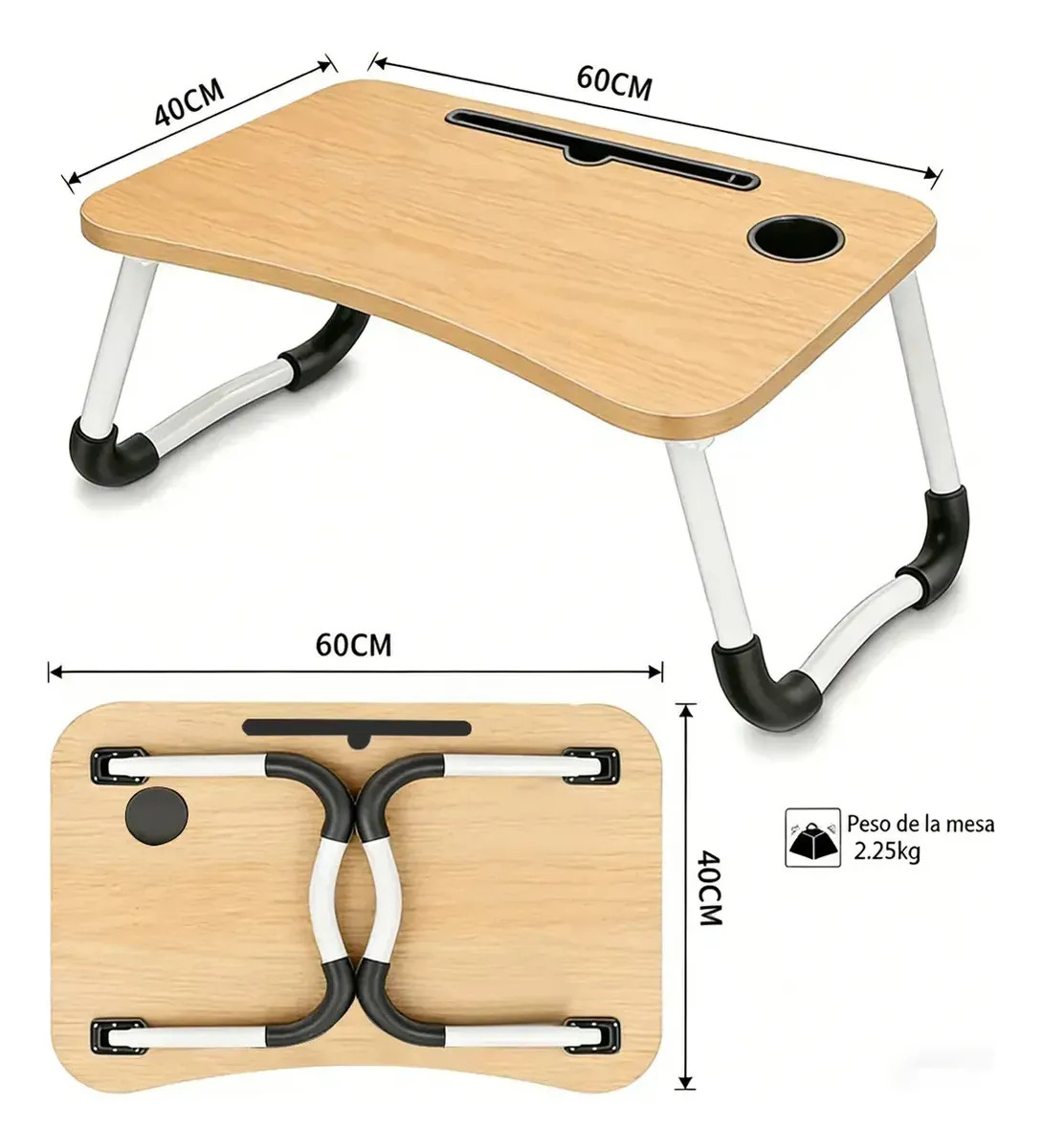 Mesa plegable para laptop - dimensiones y vista plegada