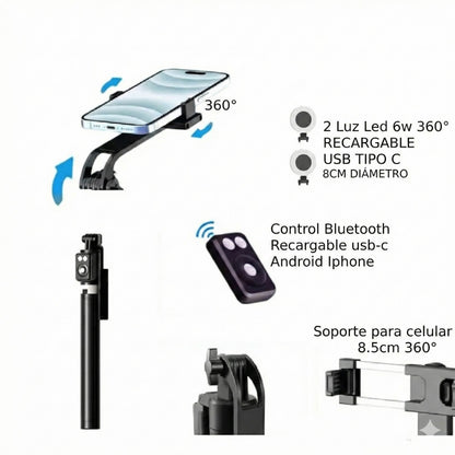Soporte para celular de 1,7 m con palo selfie y control remoto Soporte para celular de 1,7 m con palo selfie y control remoto, doble luz