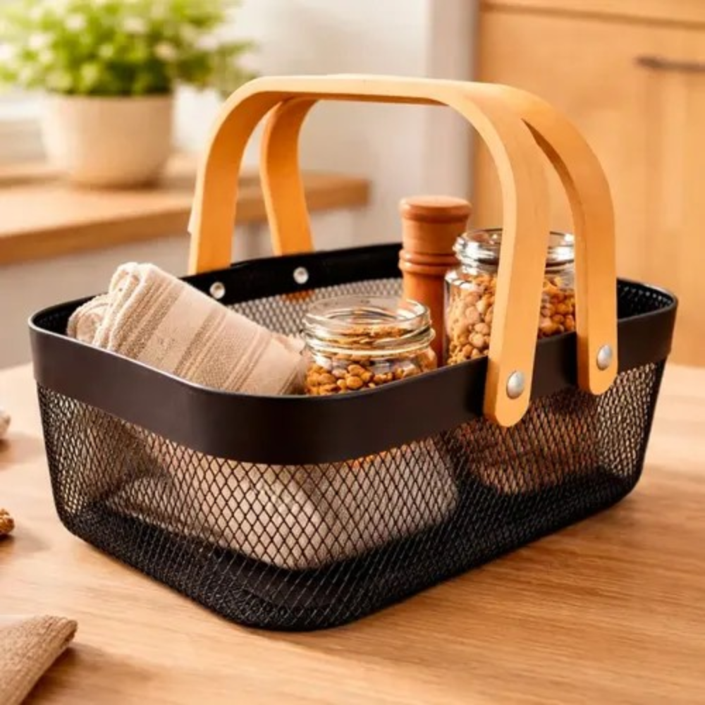 Canasto Metal Con Manijas De Madera