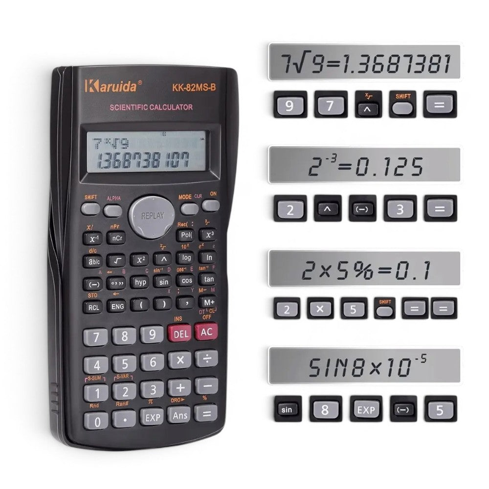 Calculadora científica Karuida KK-82MS-B en escritorio escolar