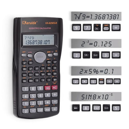 Calculadora científica Karuida KK-82MS-B en escritorio escolar