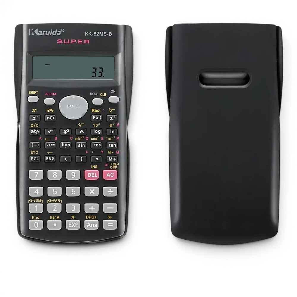 Calculadora científica Karuida KK-82MS-B en mano y vista general