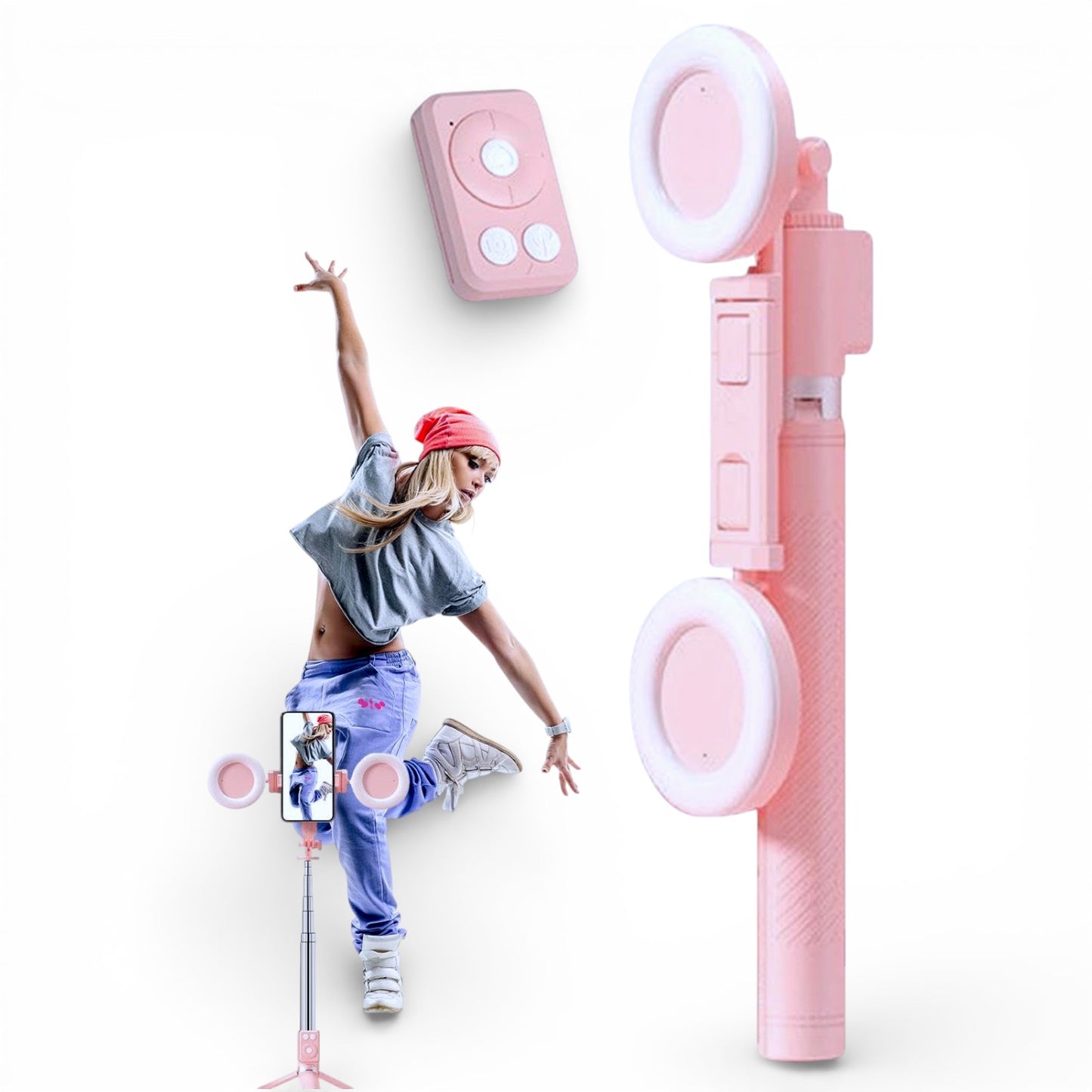 Soporte para celular de 1,7 m con palo selfie y control remoto Soporte para celular de 1,7 m con palo selfie y control remoto, doble luz